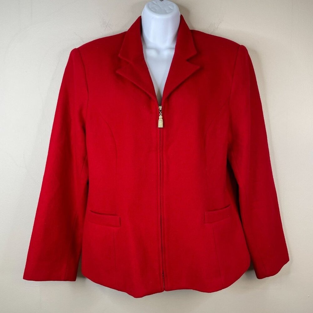 Vintage Preppy Wool Blazer Womens 12 Red Career Full Zip Jacket Holiday Classic